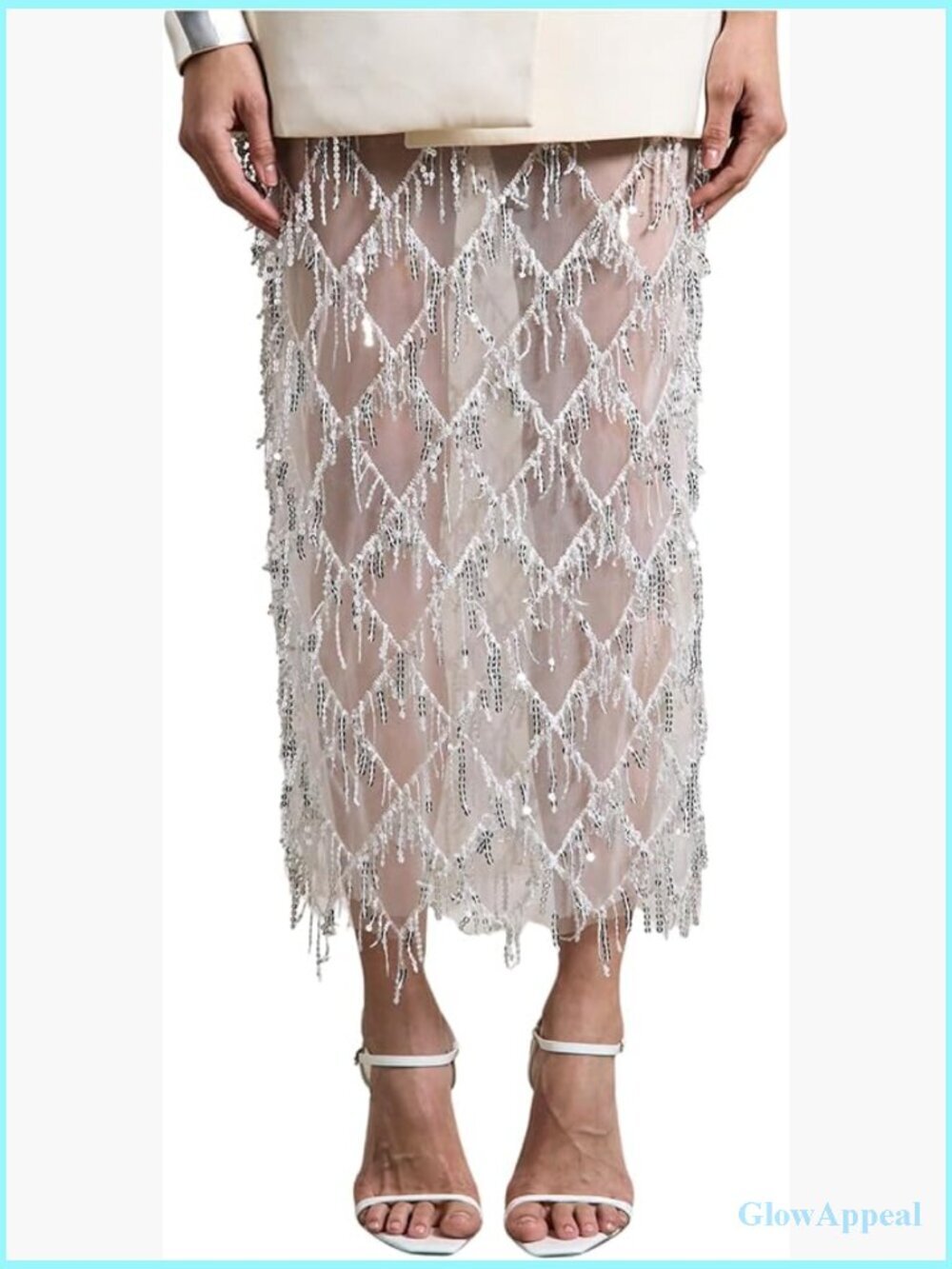 Sequin Midi Skirt Sheer Fringe Glitter Sparkly Party Pencil Skirt